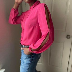 Fuchsia Button Down with Open Slit Sleeve Women's Fashion